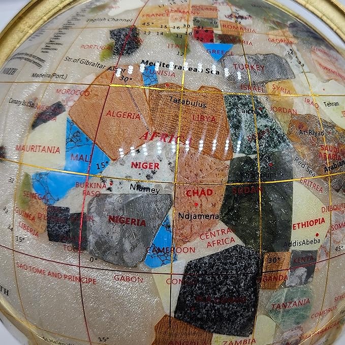 Unique Art 13" Tall 9" Diameter Pearl White Ocean Desktop 4-Leg Gold Stand Gemstone Globe