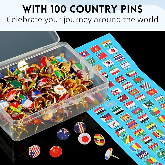 Large Cork Globe 12.6" Tall | World Travel Map with Metallic, Colored & National Flags Push Pins | 3D World Map Pin Board for Home or Office | Unique Gift for Travelers, Couples & Families