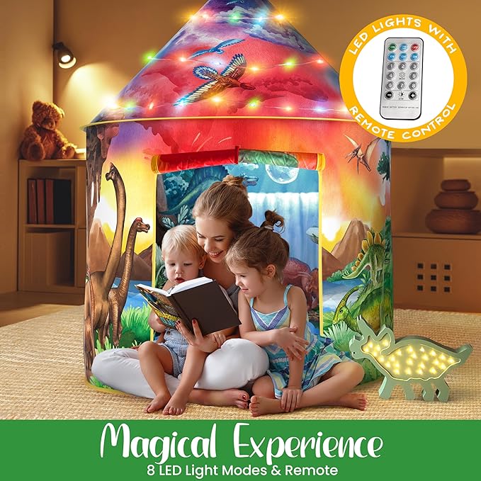 W&O Dinosaur Discovery Kids Tent with Roar Button, Dinosaur Toys and LED Lights - Epic Pop Up Tent for Boys & Girls - Perfect for Indoor & Outdoor Adventures