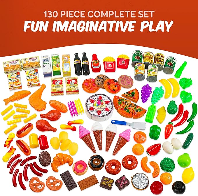 MEDca Kids Play Food Set - 130 Piece Pretend Play Collection - Assorted Fake Food Set Includes Fruits, Vegetables, Snacks, Dessert, Juices, Canned Goods and More for Boys and Girls