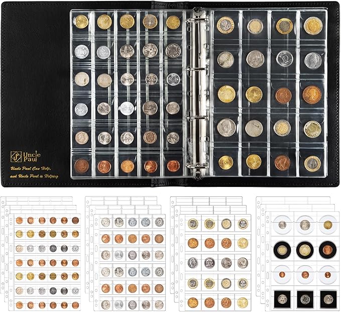Uncle Paul Coin Storage Leather Binder with Slipcase Set - Assorted 4 Sizes Pocket Pages, 12 Pages Coin Collection Book for Global Travel, All in One 4-Ring Coin Album for Journal 9.6"x 11.8" BC01