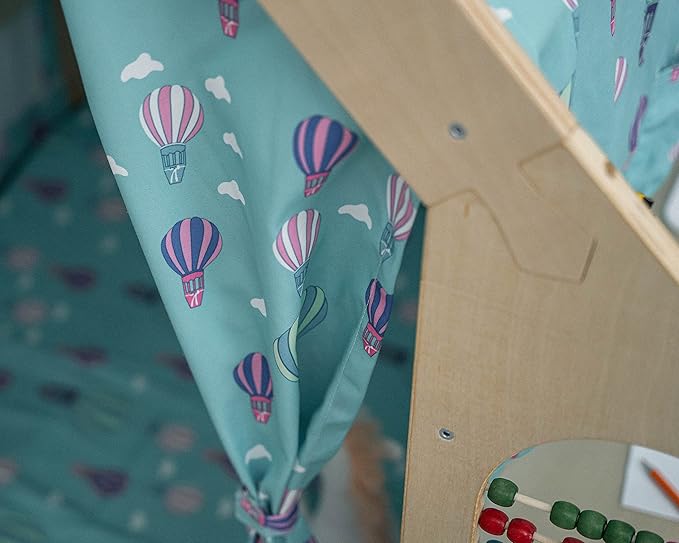 Avenlur Flair - 5 in 1 Indoor Playhouse with Desk Table, Chair, Chalkboard, Floor Cushion and Curtain Shades - Montessori and Waldorf Style for Ages 1 to 8 Years Old - (Large, Colorful Balloons)
