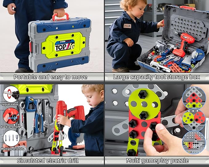 Kids Tool Kit，Kids Tool Bench STEM Engineering Playbench，32-inch Folding Workbench Set with 35+ Accessories, Electric Drill Toy & Tool Storage, Creative Construction Playset for Boys Girls Ages 3-5