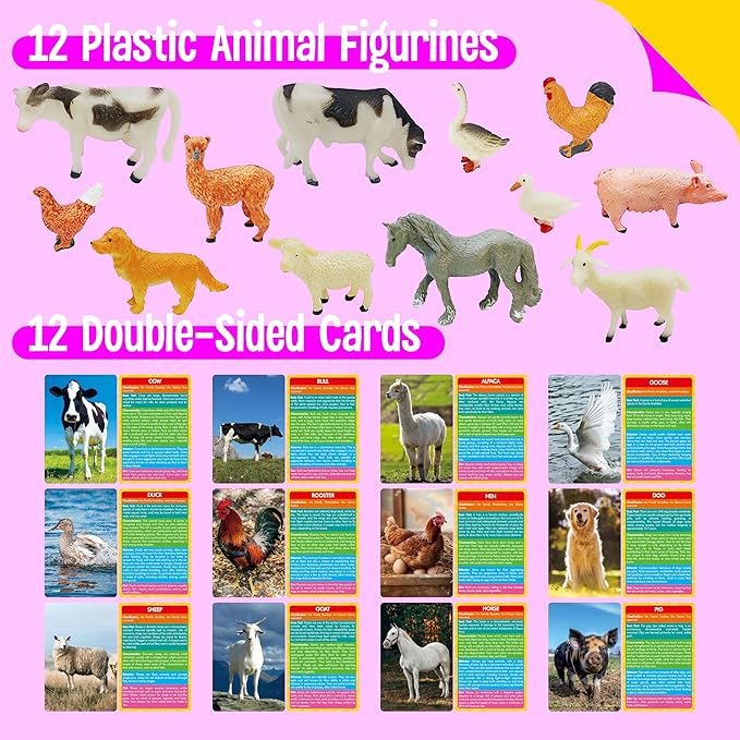 SpriteGru 12 PCS Farm Animal Figurines with 12 Introducing Flashcards, Realistic Farm Animals Playset Montessori Toys Science Educational Matching Game for Homeschool Preschool Toddler Kids