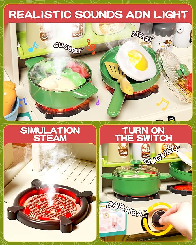 33.8IN Kids Kitchen Playset, 63PCS Kid Play Kitchen with Realistic Lights & Sounds, Spray Sink Toy Kitchen Accessories, Pretend Food Toys Kitchen for Boys Girls Toddlers(Green)