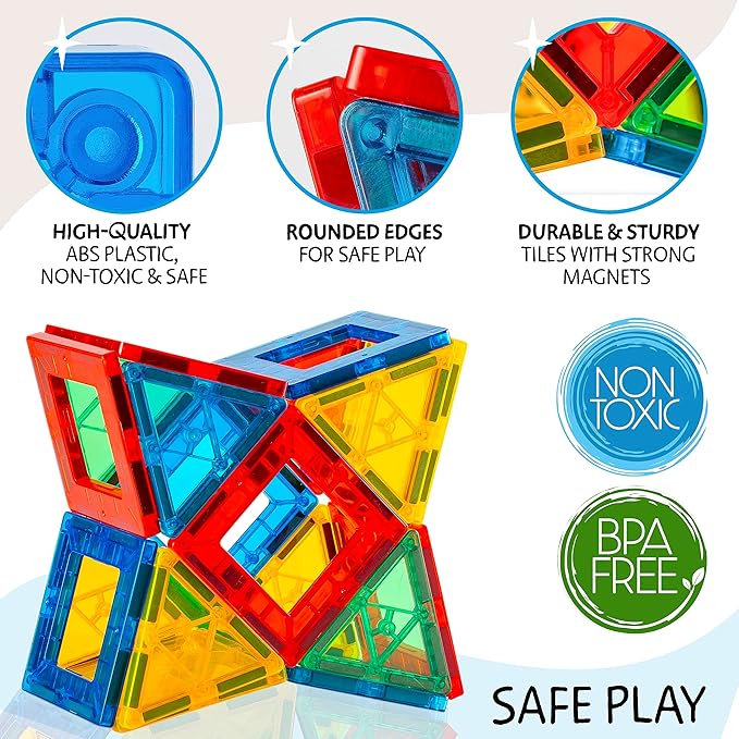 Magnetic Tiles 180 PCS+ Bonus Zippered CASE, Magnetic Tiles for Kids Toy for 3 4 5 6 7 8 Year Old Boys & Girls, Great Gift for Kids Aged 3-8, XL Set