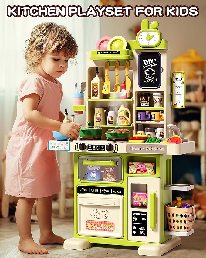 33.8IN Kids Kitchen Playset, 63PCS Kid Play Kitchen with Realistic Lights & Sounds, Spray Sink Toy Kitchen Accessories, Pretend Food Toys Kitchen for Boys Girls Toddlers(Green)