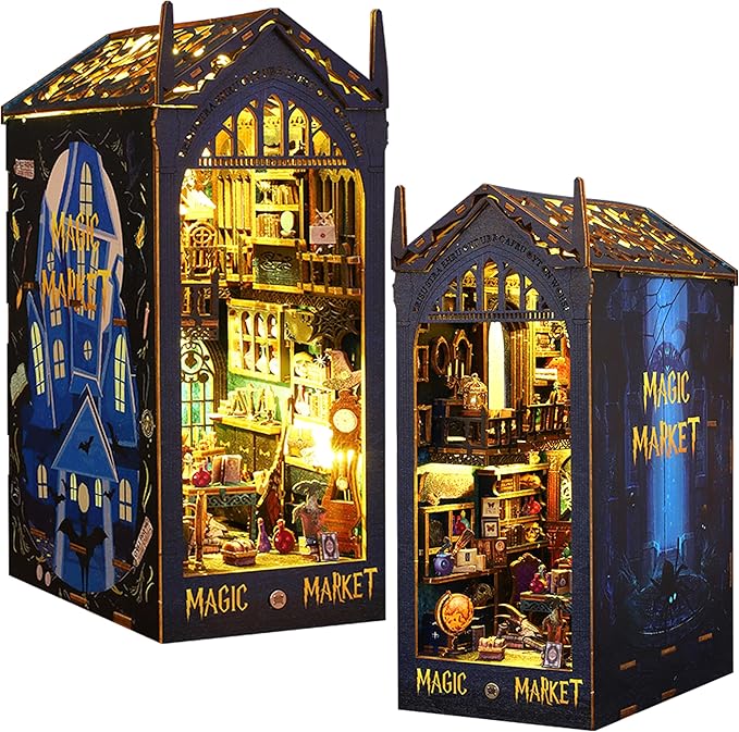 ISSEVE DIY Book Nook Miniature Kits for Adults, 3D Wooden Puzzle Dollhouse Miniature House Kit for Booknook Shelf Insert Decor, Creative Assembled Bookends Bookshelf with Sensor Light (Magic Market)