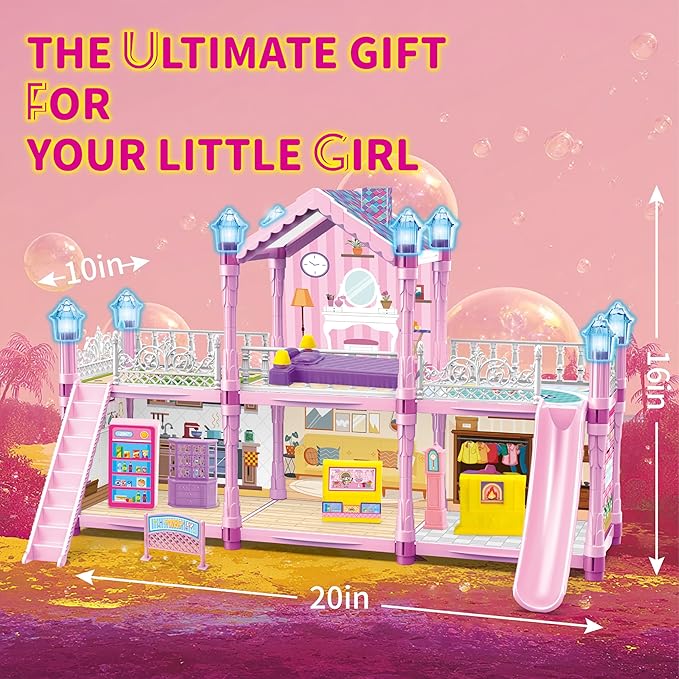 Doll House for Girl with 1 Princess, 2 Floors -4 Rooms, 131 Accessories Includes Dog and Furnitures, Design and Build Gift for 3 4 5 6 7 8+ Year Old Girls (Pink)