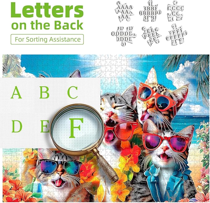 500 Piece Funny Cat Jigsaw Puzzle for Adults - 23x15 Inch Beach Party with Sunglasses & Leis, Unique Fun Puzzles for Home Decor & Gift