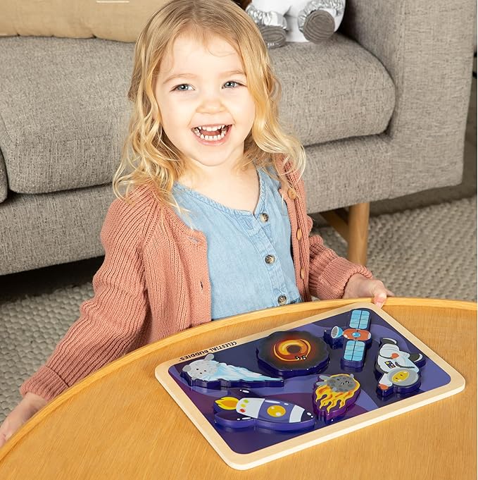 Celestial Buddies Journey into Space – Chunky Wooden Toddler Puzzle, 12x8 Inch – Educational Space Puzzle for Early Science & Astronomy Exploration - STEM Learning