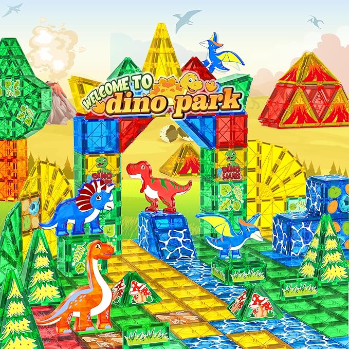Magnetic Tiles Dinosaur Toys for Kids 3-5 4-8 Magnet Building Blocks Toddler Toy - Dino World Magnetic Toys STEM Creative Games Christmas Birthday Gifts for 3＋ Years Old Boys Girls
