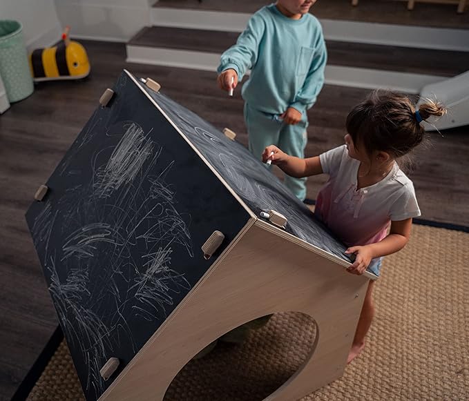 Avenlur Indoor Montessori Wooden and Waldorf Style Playhouse for Toddlers with Double Chalkboard Roof. Sturdy Play Set Structure for Children and Kids ECC Early Childhood Day Care, Preschool Playroom