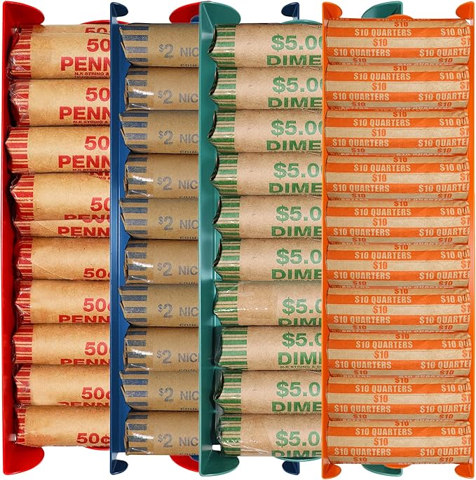 Nadex 4 Pack Assorted Aluminium Coin Trays - Stackable Single Compartment Coin Sorting and Storage Trays - Holds 20 Penny Rolls, 10 Nickel Rolls, 20 Dime Rolls, 10 Quarter Rolls