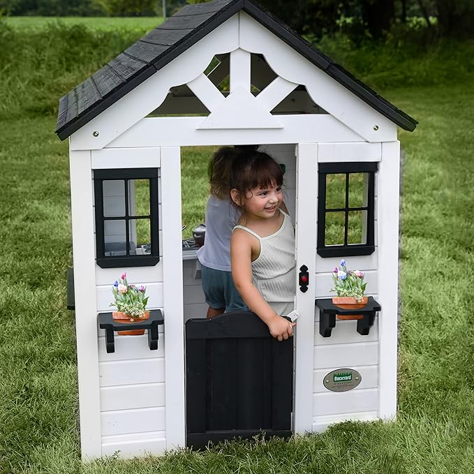Backyard Discovery Sweetwater White Cedar Wooden Kids Playhouse Cottage with Play Kitchen, Snack Bar, Half Door, Toy Phone, Windows, Flowerpot Holders, Working Doorbell for Outdoor Imaginative Play