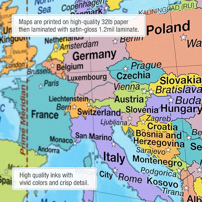 US & World Primary Laminated Classroom Map Pack by BrightWay Educational | 36" x 30" Educational Wall Maps | Grades 1-5 | Bright Colors & Large Fonts | Geographical Features | National Capitals & Major Cities (With Flags)