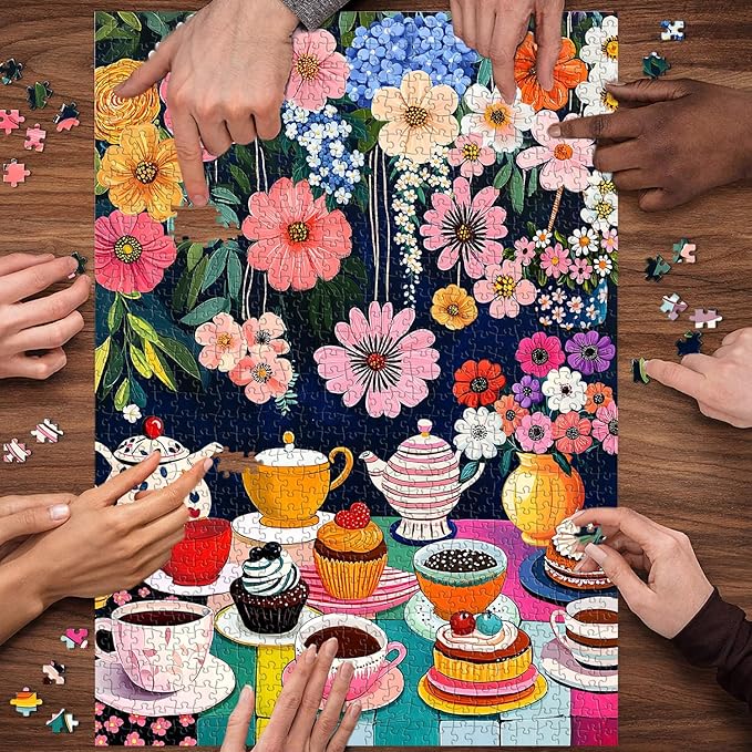 Flower 1000 Piece Puzzle for Adults, PICKFORU Colorful Tea Cups Wildflower Garden Jigsaw Puzzles, Hard Difficult Cupcake Afternoon Tea Theme as Art Decor