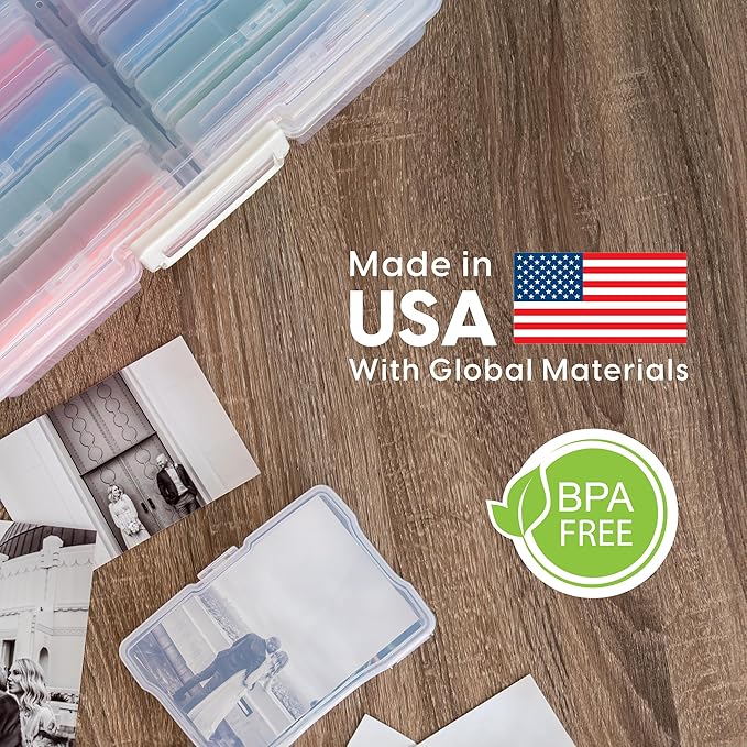 IRIS USA 5" x 7" Photo Storage Box Craft Keeper, Transparent Protection Container with 6 Organization Holder Cases for Pictures, Tasks, Scrapbooking, Stationery Storage, Clear