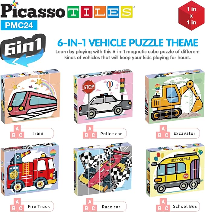 PicassoTiles Magnetic Cube Puzzle 6-in-1 Vehicle Theme Pattern Magnet Brain Teaser Cubes Building Block 120 Pictures Toy Set Kids Ages 3 & Up Preschool Children Promotes Problem PMC24