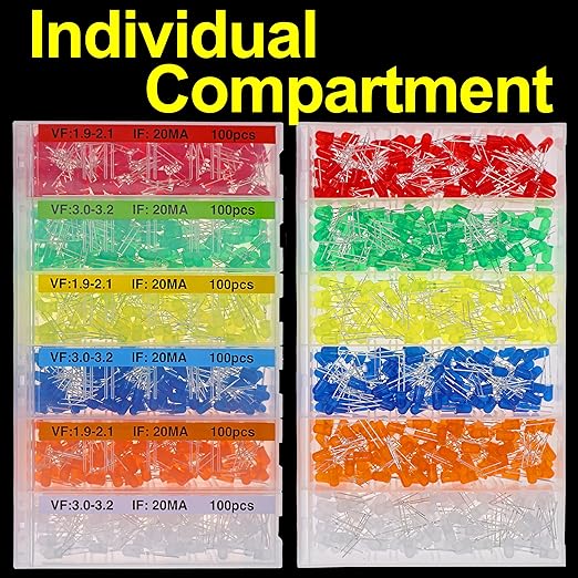 EEEEE 600pcs 6 Colors 5mm LED Diode Assortment LED Light Kit Box Multi Colored mini LEDs White Red Yellow Orange Green Blue Light Emitting lamp Flashing diodes Components Parts ledlights Circuit