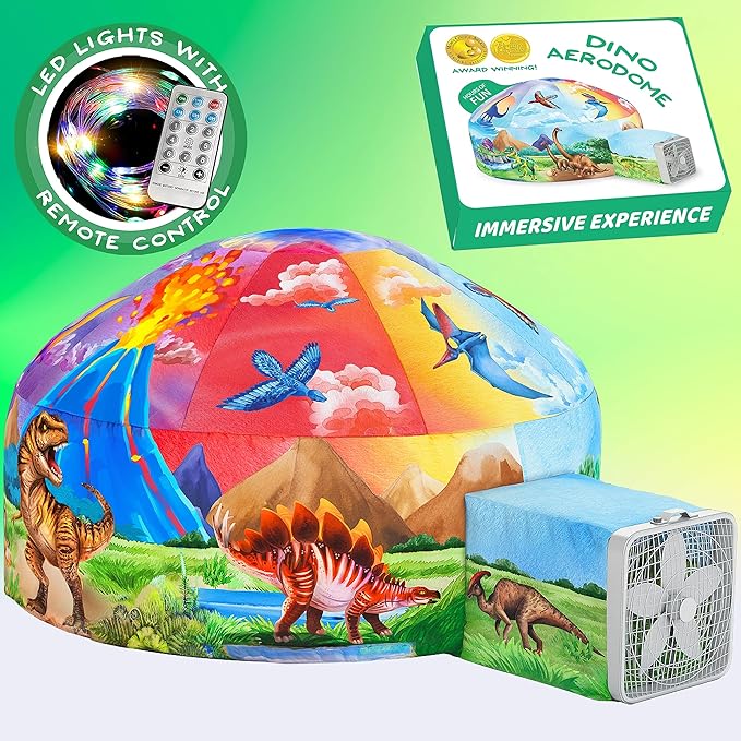 W&O Dino Aerodome with LED Lights - Inflatable Jurassic Fort for Kids Aged 3-12, Inflates in Seconds Creating an Immersive Dinosaur Experience (Fan Not Included)