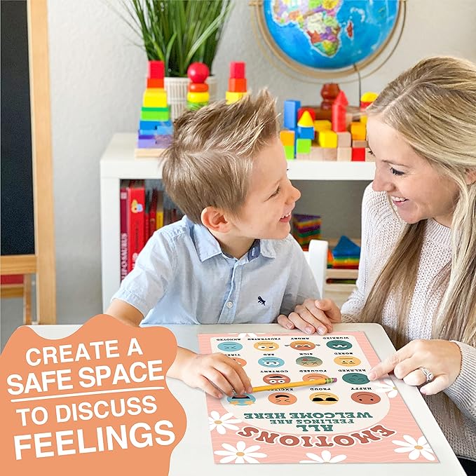 Hadley Designs Feelings Chart For Kids Ages 4-8 - Emotions Chart For Toddlers 3-5, Counseling Feelings Posters For Classroom Calming Corner, Social Emotional Learning Posters, Retro Classroom Decor