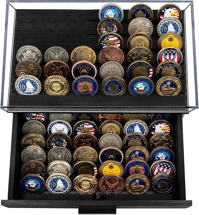 Black Military Challenge Coins Display Holder with American Flag,Solid Wood Challenge Coin Stand with Drawer,Challenge Coin Display Case for Collector, Military Coin Holder Rack for Desk