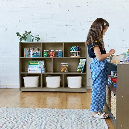 ECR4Kids 8-Compartment Mobile Storage Cabinet, 36in, Classroom Furniture, Natural