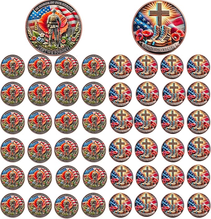 AtSKnSK Memorial Tribute Challenge Coin Some Gave All Lest We Forget Thank You for Your Service Military Coin (Poppy Military Boots, 50)