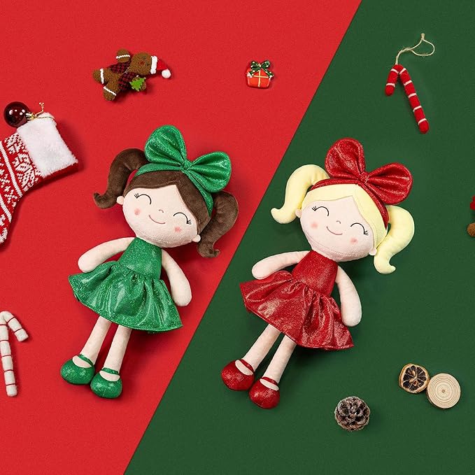 Gloveleya Christmas Baby Doll – Soft Plush Girl Toy in Green Dress, Doll for Kids, Xmas Décor & Keepsake, 12 Inches