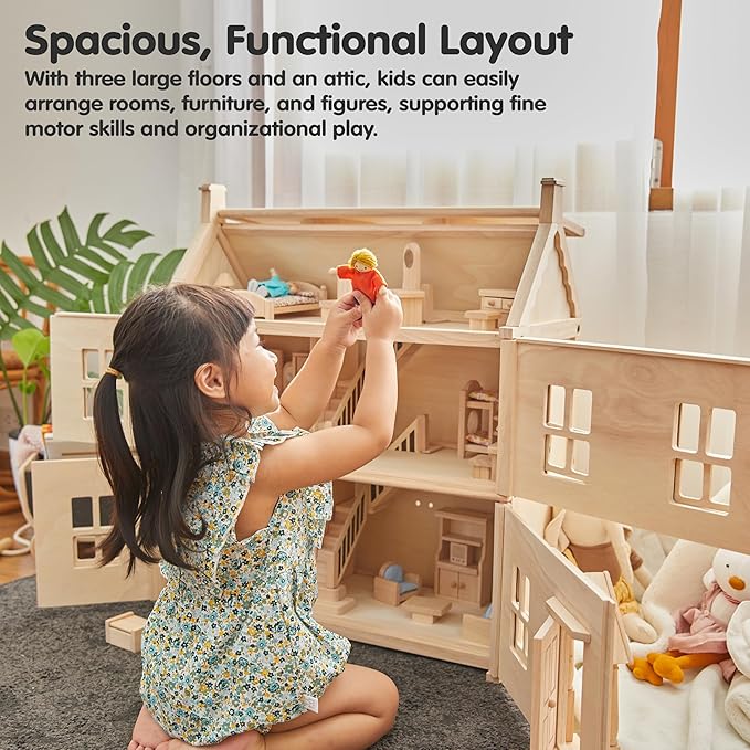 PlanToys® Victorian Wooden Dollhouse | 3-Story Large Doll House with Attic, Opening Panels & Sliding Windows | Pretend Play Dollhouse Compatible with 1:12 Scale Furniture & Wooden Dolls