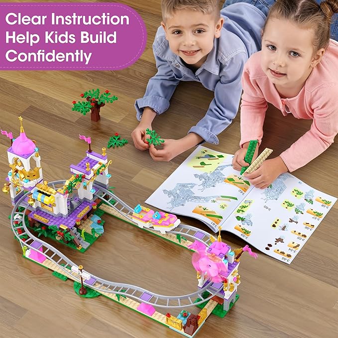 Castle Roller Coaster Building Set, STEM Amusement Park Construction Kit for Kids, Creative Pink Playground Blocks Birthday for Girls Boys Ages 6-12 (749Pcs)