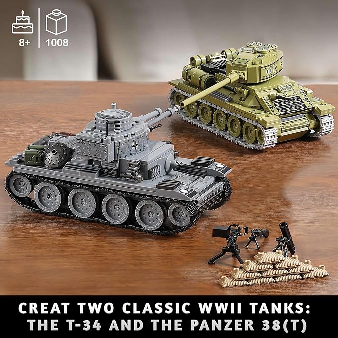 WW2 Army Tanks Toy Building Sets (1008 Pieces) Compatible with Lego, Create a Soviet T-34 & German Panzer 38(t) Tank, Great Military Model Toys Gift for Boys, Kids, and Teens Age 8+