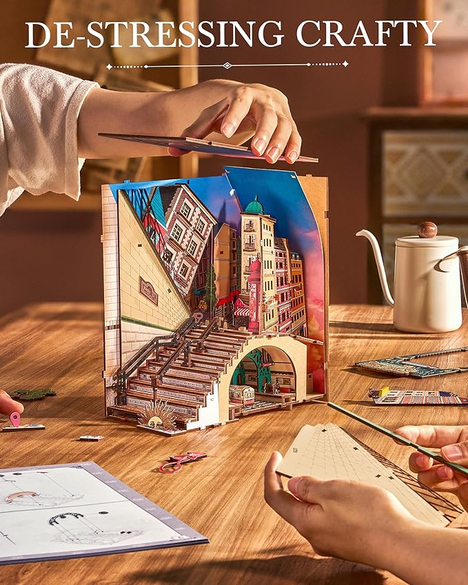 Rolife DIY Book Nook Kits Sunset Street Scene, Endless Stairs Bookshelf Decor 3D Wooden Puzzles for Adults, DIY Miniature House Model Building Kits, DIY Crafts/Birthday Gifts for Teens & Book Lovers