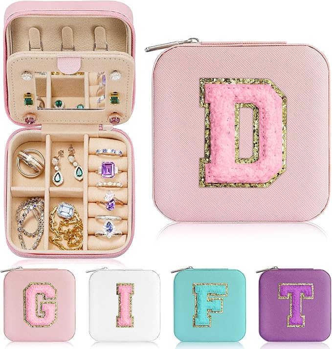 Parima Initial Jewelry Box for Women Girls, Pink Jewelry Travel Case | Chenille Letter Patches Jewelry Box | Multifunctional Personalized Travel Jewelry Case | Birthday Gifts - Letter D, Pink