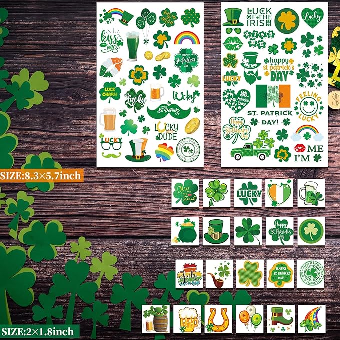 23 Sheets Large Glitter St. Patrick's Day Tattoos Accessories, 100+ Pcs Glitter Lucky Clover Shamrock Temporary Tattoos, Glitter Body Jewelry Irish Parade Party Favors Decorations