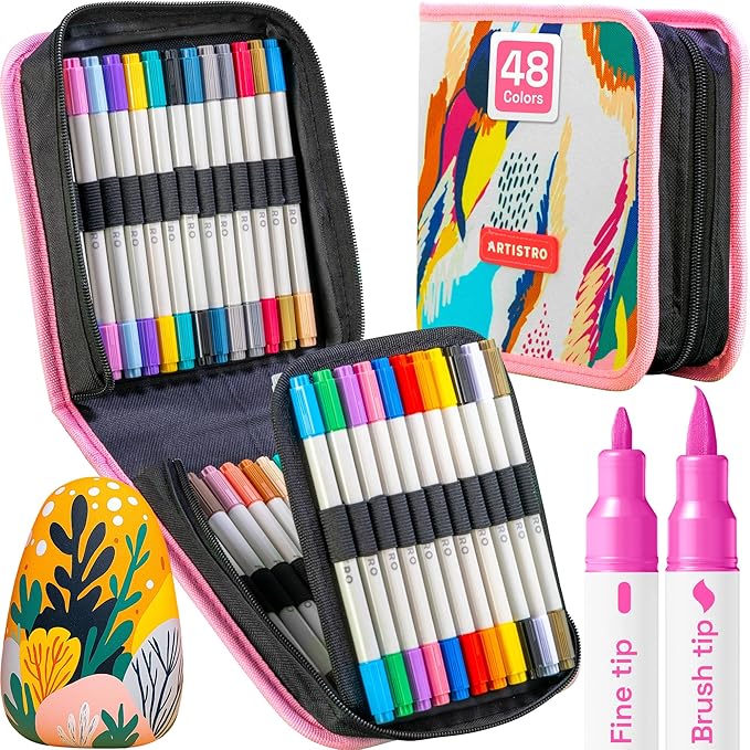ARTISTRO 48 Dual Tip Brush + Fine Acrylic Paint Pens Ideal for Calligraphy - Paint Markers for Fabric, Rock, Glass, DIY - Stocking Stuffers, Christmas Gift Idea for Teens, Grandkids, Kids