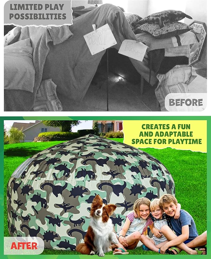 Skywin Inflatable Tent for Kids (Camo Dark Grey), Inflatable Air Tent for Kids Sets Up and Stores Away in Seconds, Improved Blow up Fort (Fan NOT Included) (Camo Dino)