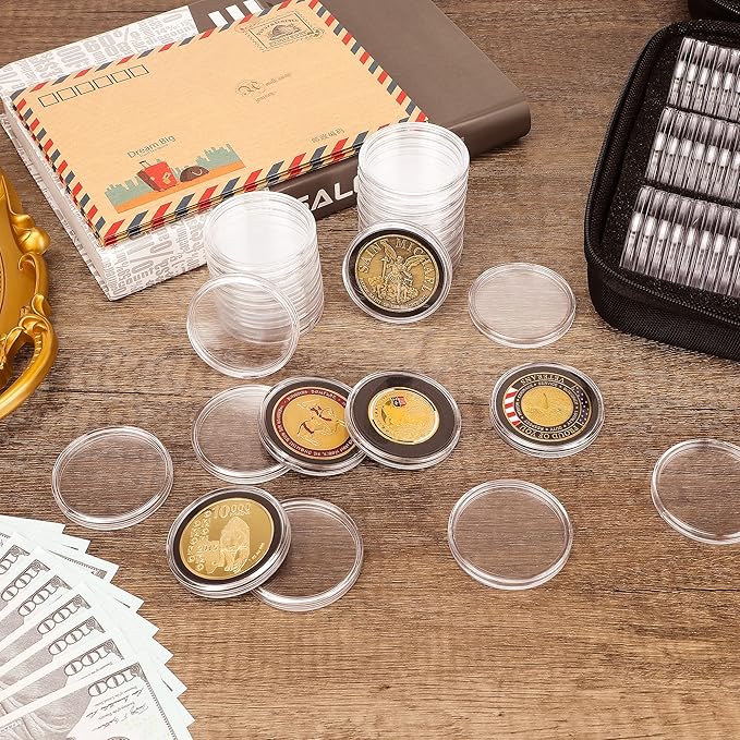 SPLF 120 Pieces 46mm Coin Capsules and 7 Sizes (20/25/30/35/38/40/46mm) Protect Gasket Coin Holder Case with Plastic Storage Organizer Box for Coin Collection Supplies