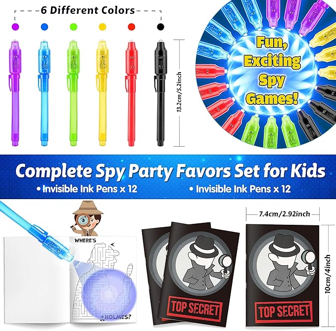Joycover 12 PCS Invisible Ink Pen with UV Light for Kids, Spy Pens and Notebook, Birthday Party Favors for Kids 4-8, School Prize Goodie Bag Stuffers, UV Pen for Secret Message Escape Room
