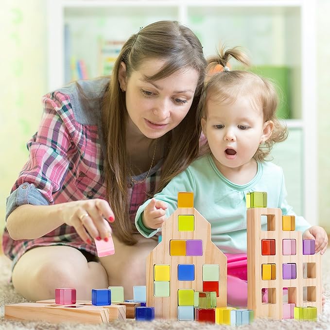 Woodtoe Wooden Building Blocks Set for Kids, 36 PCS Rainbow Acrylic Gem Cubes Blocks - 3 Wood House, Montessori Stacking Toy for Toddlers, Educational STEM Birthday Toys for Boys Girls 3-6