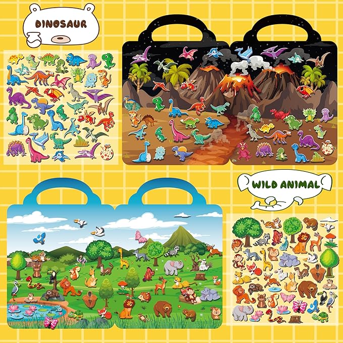 6Set Puffy Sticker Books for Kids, 3D Reusable Stickers Books for Toddlers 3-5,Farm+Animal+Dinosaurs+Ocean World+Space+Vehicle