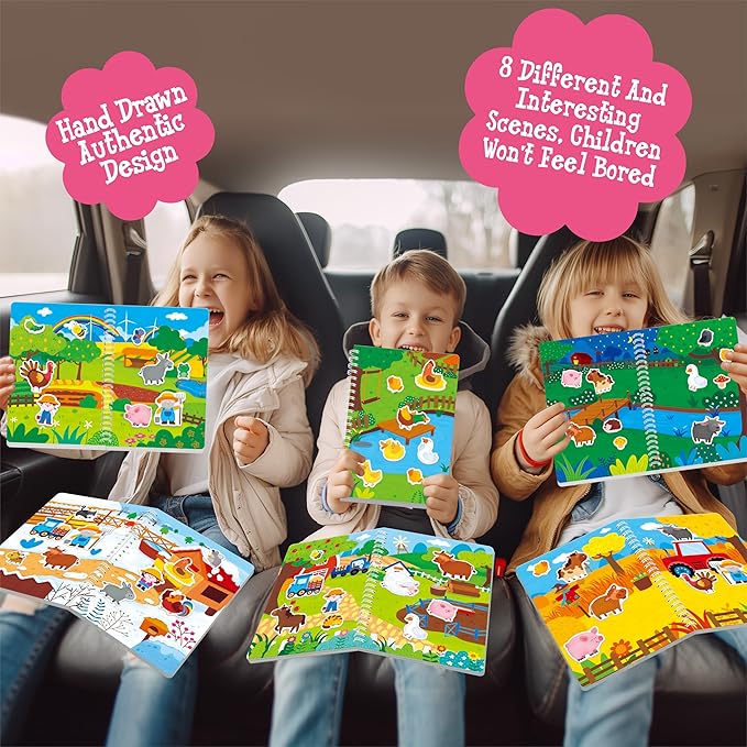 Reusable Jelly Sticker Book, 58 Farm Animals Thick Jelly Stickers Waterproof Gel Cling Decals Farm Themed Busy Book Hands-on Activity Travel Game Educational Learning Toys for Toddlers, Kids