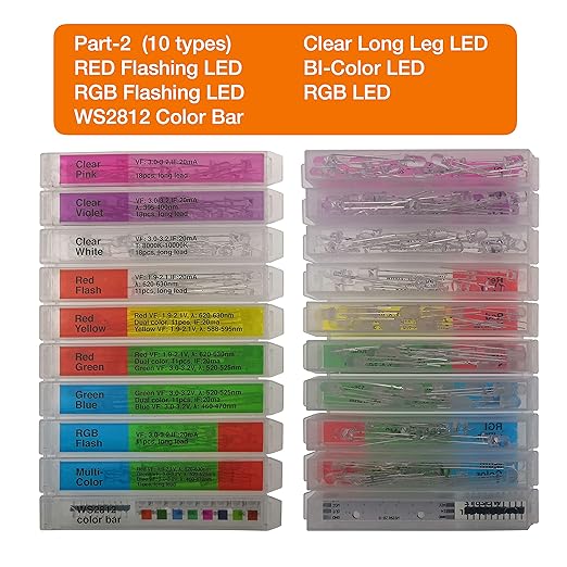 EEEEE (10 Types) 180 pcs Long Lead 5mm LED kit and LED diode Lights Emitting Diode LED Assortment Kit for Tiny Small led and Single led Light led 5mm led Lights led diode Lights diode led