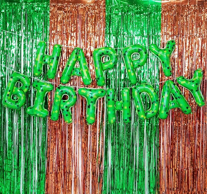 TNT Pixel Happy Birthday Banner Party Decorations Foil Balloons Letters Signs Blast Gaming Party Miner Supplies for Boy Girl