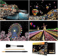 Rainbow Scratch Art Painting Paper (A4) for Adults & Kids, DIY Night View Scratchboard Set: 4 Sheets Scratch Cards & Clean Brush, Drawing Pen(Cinque Terre / Windmill / Ferris Wheel / Hot Air Balloon)