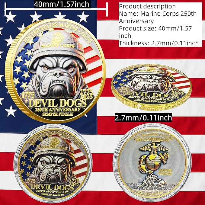 USMC 250th Anniversary Challenge Coin – Double-Sided Marine Corps Commemorative with Bulldog & Iwo Jima – Military Gift for Veterans & Collectors (2PCS)