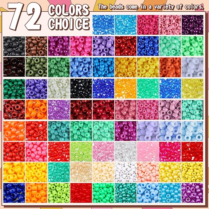 21000 Pcs Pony Beads Bulk 6 x 9 mm Plastic Kandi Beads for Bracelet for Multicolor Craft Making Rainbow Necklace Jewelry Key Chain DIY Braids(72 Colors)