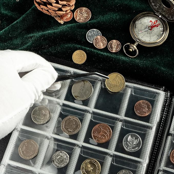 200 Pockets Coin Album - Coin Collecting Book with 10 Pages, 33x33 mm Grid Holder for Pounds Pence Cents Dollars Nickel (Black) CS48200BK