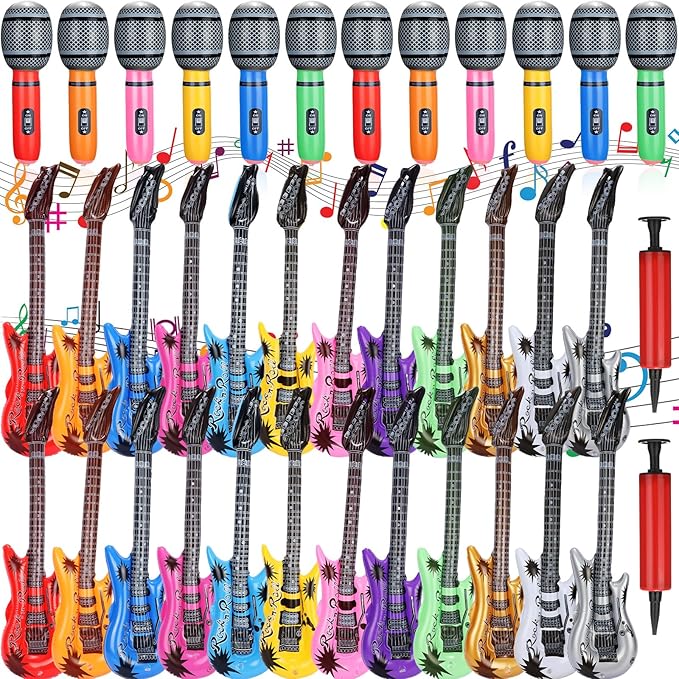 48 Pcs Colorful Inflatable Instruments Rock Star Toy Set Including 24 Plastic Microphones, 24 Guitars and 1 Inflator for Musical Concert Themed Party Decoration